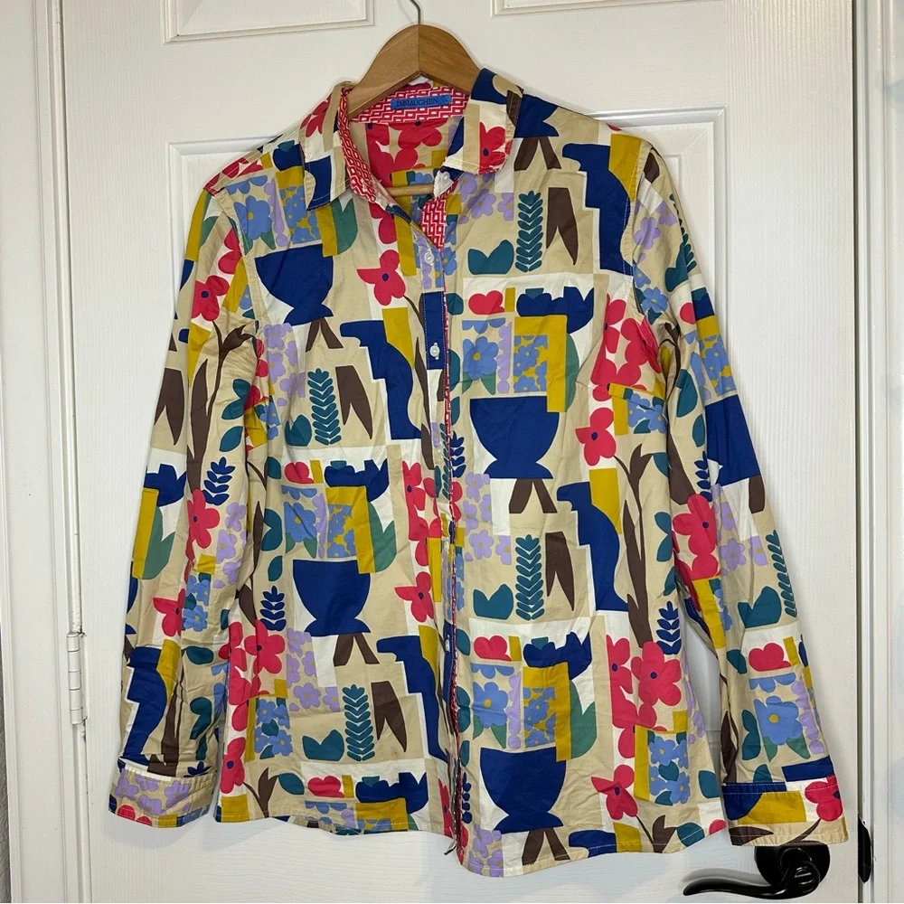 J.Mclaughlin Creme Multicolor Floral Mixed Media Button Down Blouse L Boho Chic - Picture 2 of 12